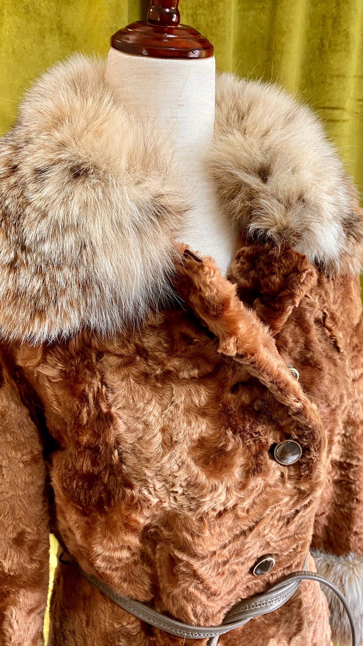 Vintage Curly Lamb Fur Coat w/ Ultra Plush Fox Fur Collar & Cuffs | Penny Lane | Buttons, Leather Belt, Fully Lined,  XS/S