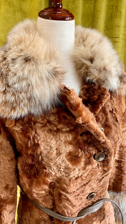 Vintage Curly Lamb Fur Coat w/ Ultra Plush Fox Fur Collar & Cuffs | Penny Lane | Buttons, Leather Belt, Fully Lined,  XS/S