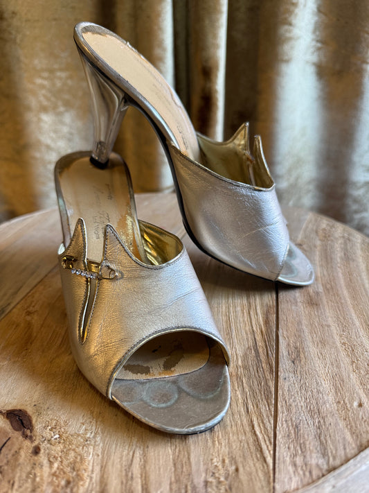 Vintage Lucite High Heels, Gold | Sz 7