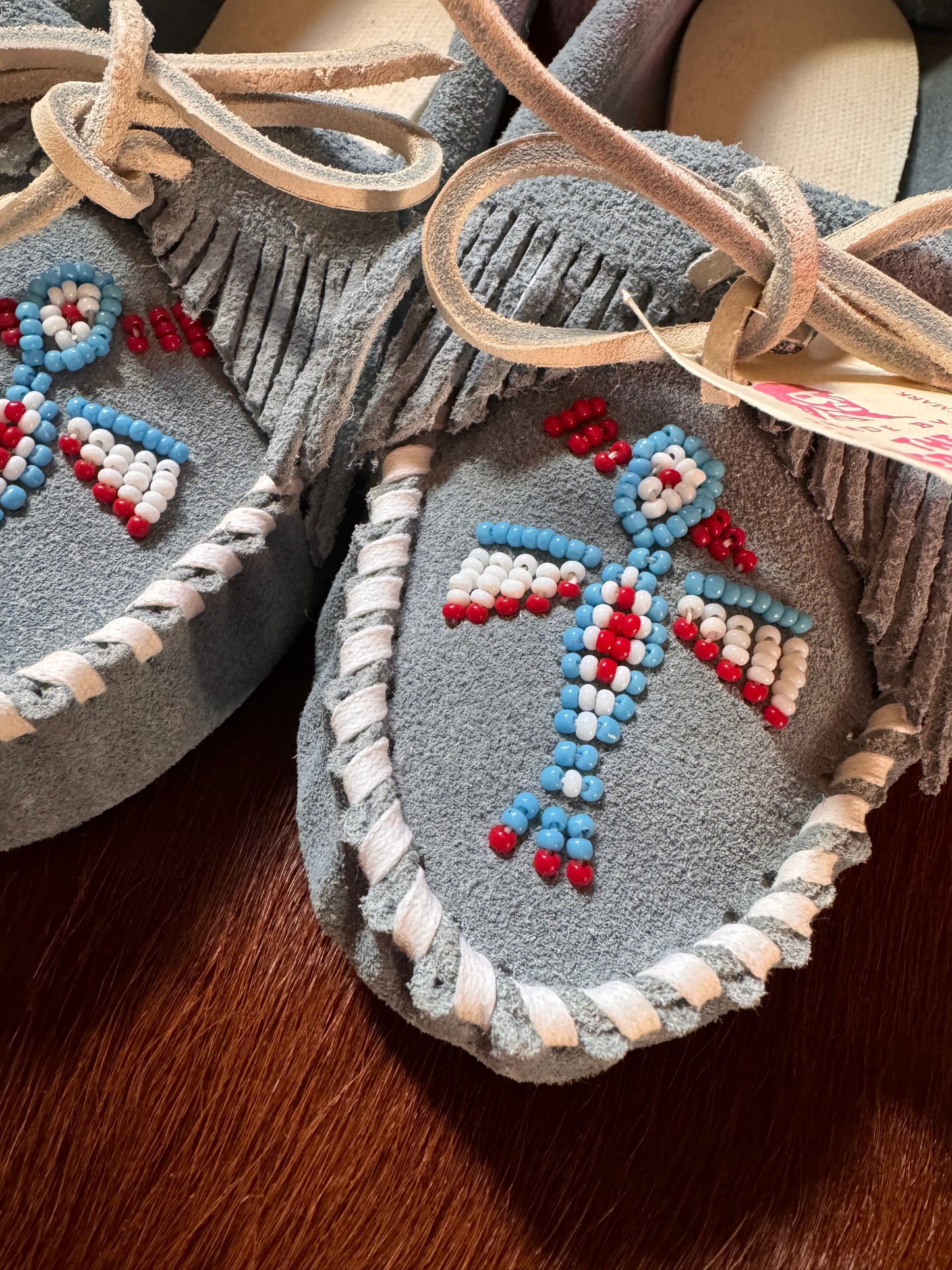 Hand-Made Moccasins, Baby Blue Leather | Beaded Thunderbird | Cherokee Native American | 6