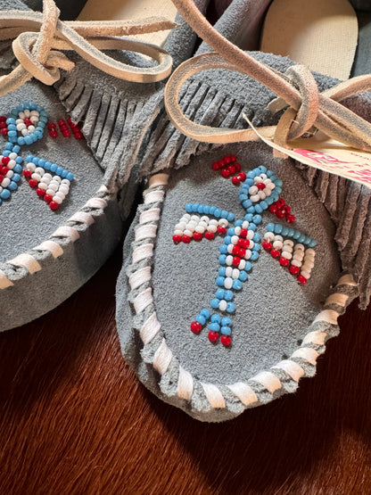 Hand-Made Moccasins, Baby Blue Leather | Beaded Thunderbird | Cherokee Native American | 6