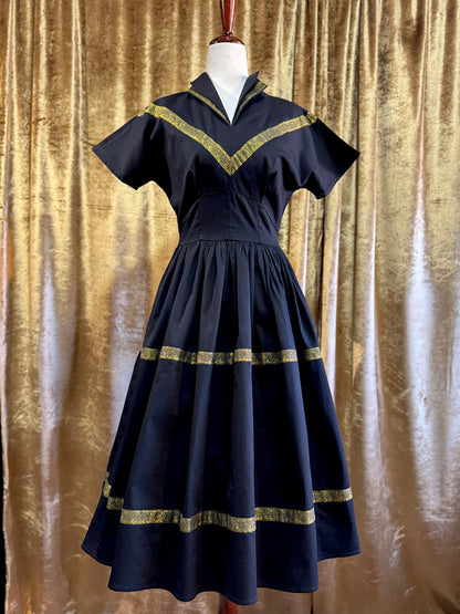 1950’s Inspired Western Patio Dress, Black & Metallic Gold | XS