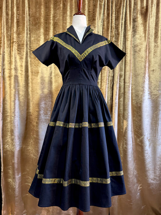 1950’s Inspired Western Patio Dress, Black & Metallic Gold | XS