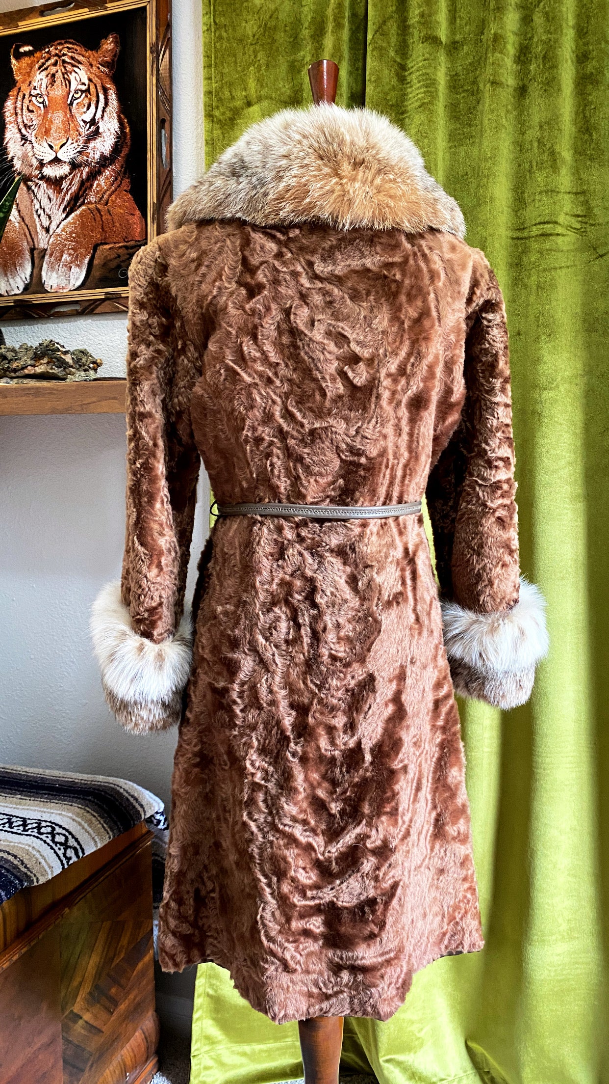 Vintage Curly Lamb Fur Coat w/ Ultra Plush Fox Fur Collar & Cuffs | Penny Lane | Buttons, Leather Belt, Fully Lined,  XS/S