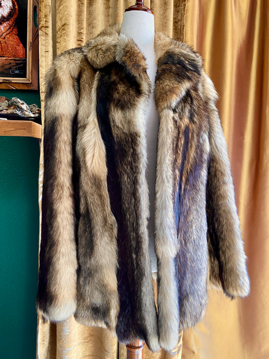 Genuine Fox Fur Coat, Short, Great Condition, Brown, Tan & Black | L