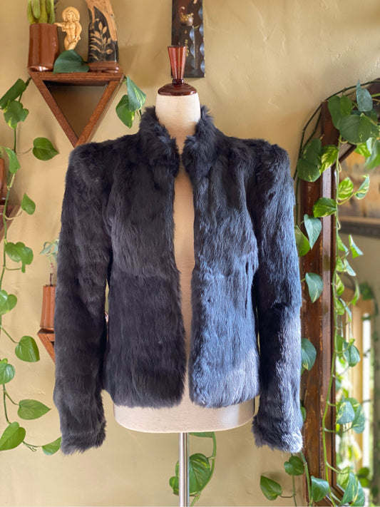 Vintage Gray Fur Coat | Genuine Rabbit Fur | 1980's waist-length, mock collar, shoulder pads, pockets, glam, formal | Womens XS-S