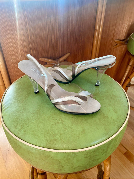 1950's Vintage Lucite Heels by Onex | Clear | Size 7.5 | Silver, Brown | Slingback