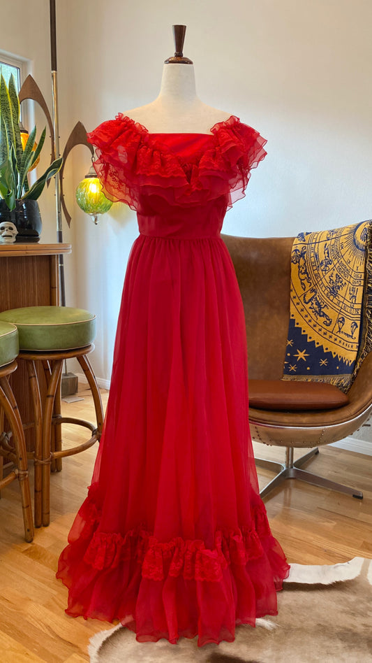 Vintage Dress, ILGWU, Red Chiffon 70’s 80s | XS