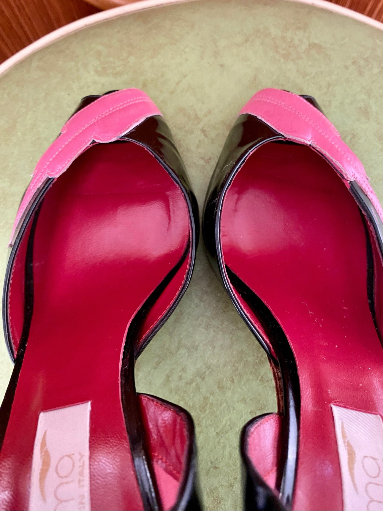 Vintage 1950's Patent Peep-Toe Heels, Black & Bubble Gum Pink w/ Lipstick Red Suede interior, Sz 36B EU 4.5BUS