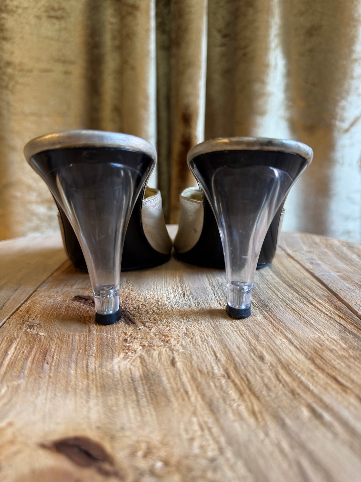 Vintage Lucite High Heels, Gold | Sz 7