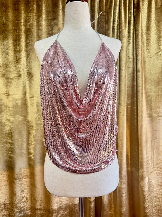 Vintage 1970’s Whiting & Davis Metal Mesh Top, Pink, Designer, Backless | OS
