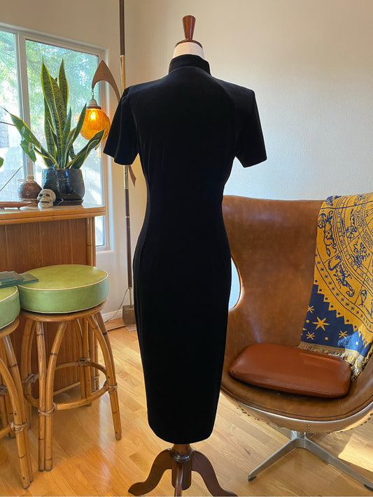 Vintage Velvet Button Up Cocktail Dress, 90’s J.  Stevens by Carol Escritor, Inky Black, Vampy Vixen, Gothic, Pinup | Ultra Stretch, Sz 4