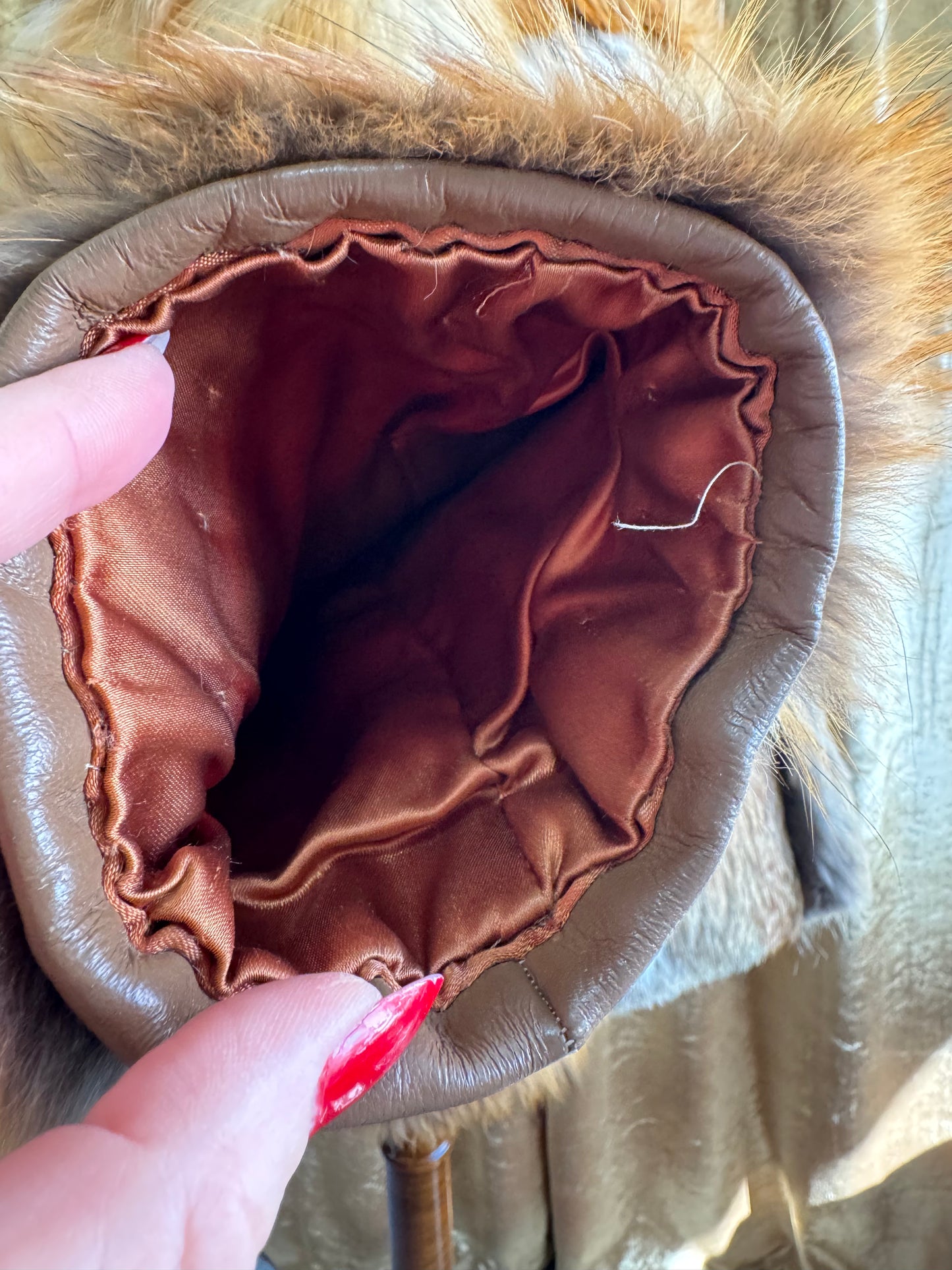 Vintage 1970’s Red Fox Fur Coat, Genuine Fur, Leather Accents