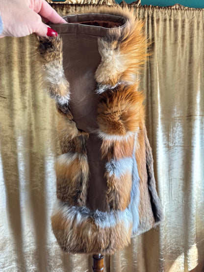 Vintage 1970’s Red Fox Fur Coat, Genuine Fur, Leather Accents