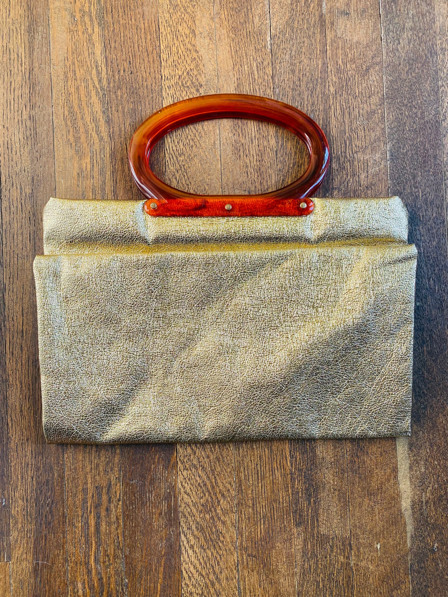 Vintage Gold Lamé Purse, Clutch, Folding Handbag, 1960s 1970s, Snap Button, Cognac Brown Lucite Handles, Disco Queen
