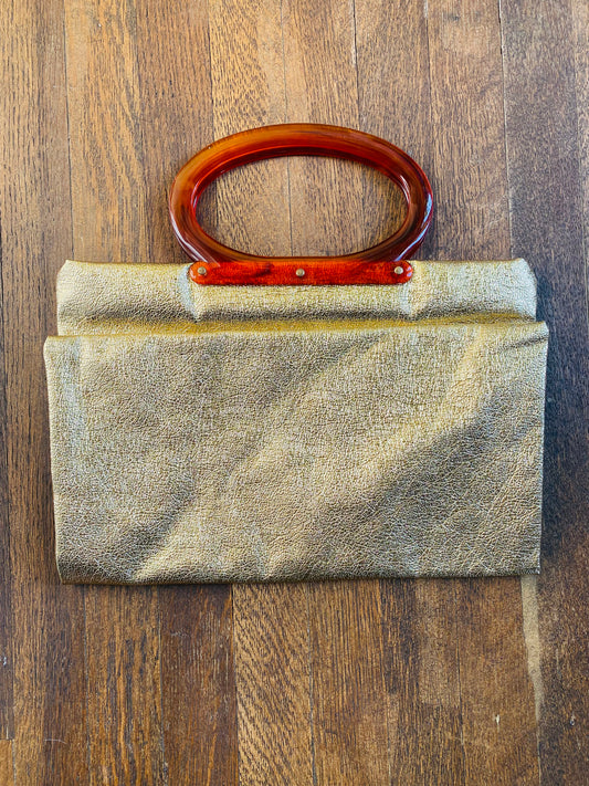 Vintage Gold Lamé Purse, Clutch, Folding Handbag, 1960s 1970s, Snap Button, Cognac Brown Lucite Handles, Disco Queen