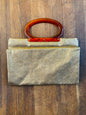 Vintage Gold Lamé Purse, Clutch, Folding Handbag, 1960s 1970s, Snap Button, Cognac Brown Lucite Handles, Disco Queen