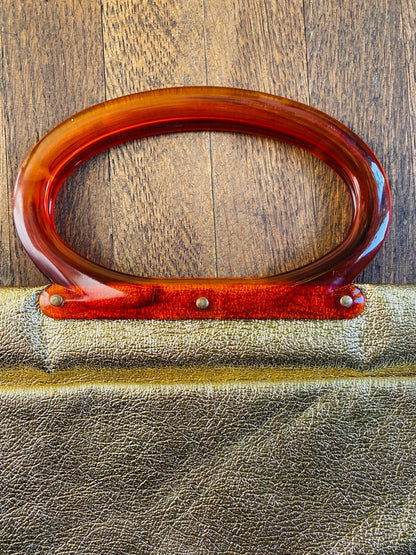 Vintage Gold Lamé Purse, Clutch, Folding Handbag, 1960s 1970s, Snap Button, Cognac Brown Lucite Handles, Disco Queen