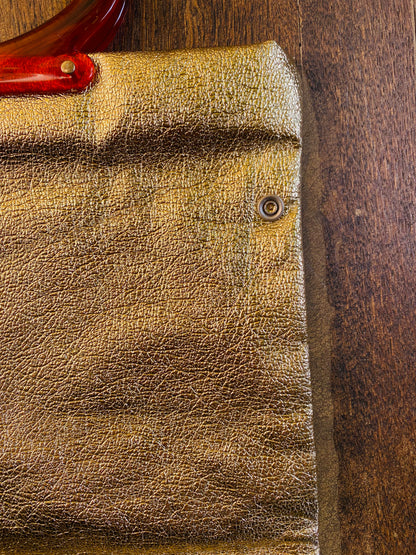 Vintage Gold Lamé Purse, Clutch, Folding Handbag, 1960s 1970s, Snap Button, Cognac Brown Lucite Handles, Disco Queen