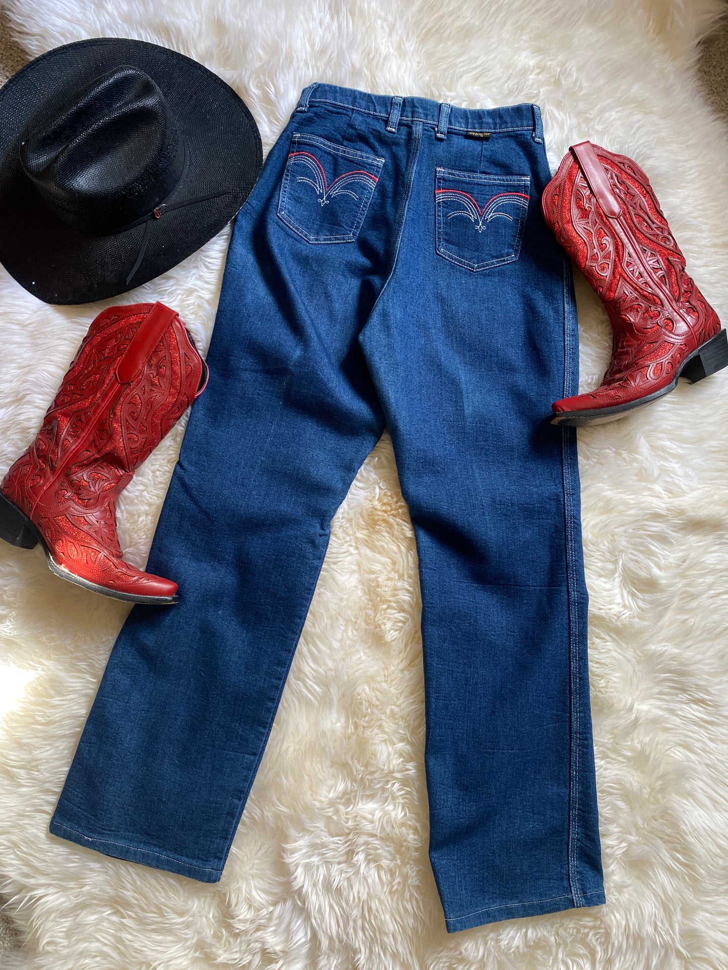 Vintage High-Waist Wrangler Jeans | Back Stitch Detail, Wide Leg, Red White & Blue | 12