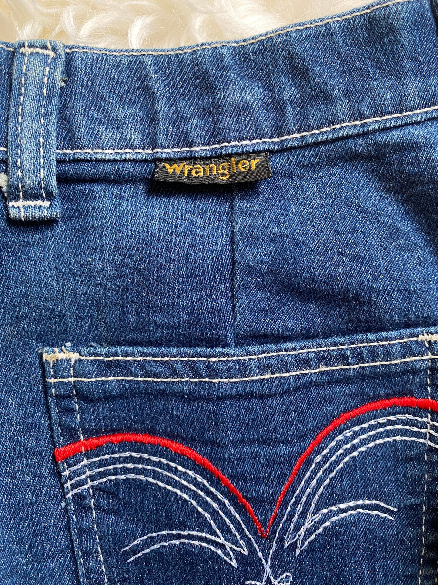 Vintage High-Waist Wrangler Jeans | Back Stitch Detail, Wide Leg, Red White & Blue | 12