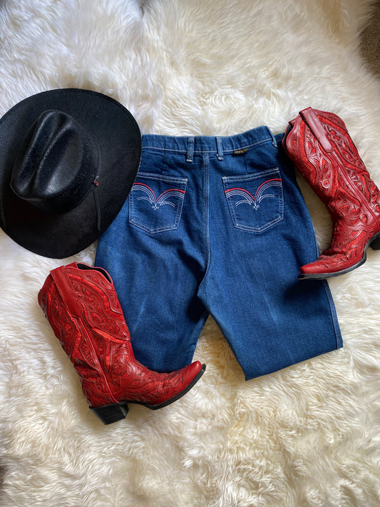 Vintage High-Waist Wrangler Jeans | Back Stitch Detail, Wide Leg, Red White & Blue | 12