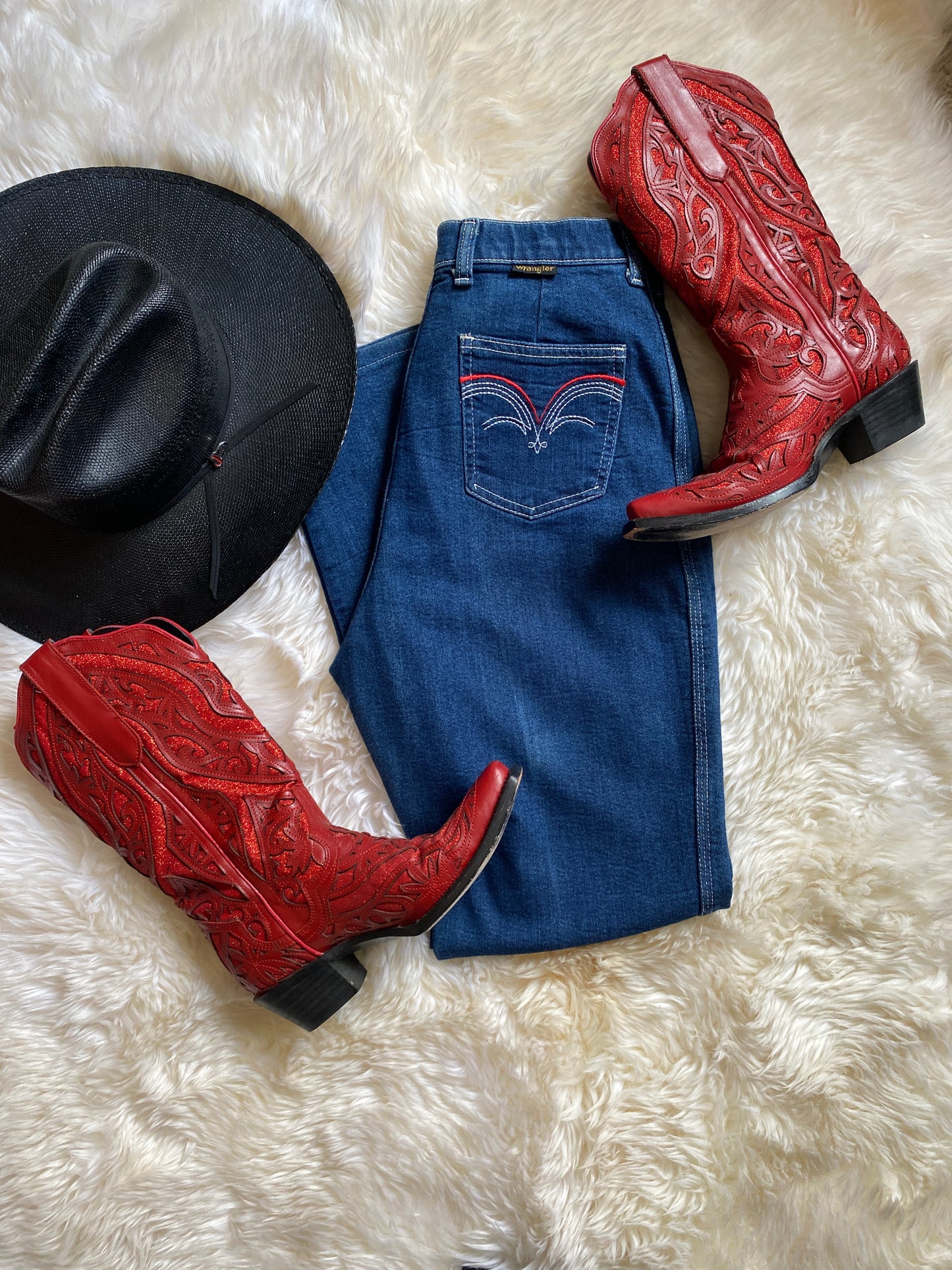 Vintage High-Waist Wrangler Jeans | Back Stitch Detail, Wide Leg, Red White & Blue | 12