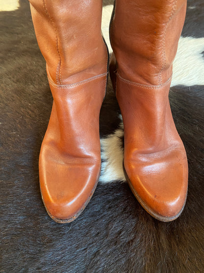 Vintage 70s Boots in Rustic Cognac Brown Genuine Leather, Knee-High, Stacked Wood Kitten Heel, Side Zipper, Women's 7.5M
