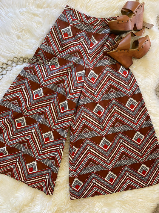 Vintage Gaucho Pants, 1960s 1970s, Great Abstract Chevron Striped Pattern in Brown Red and White, Great