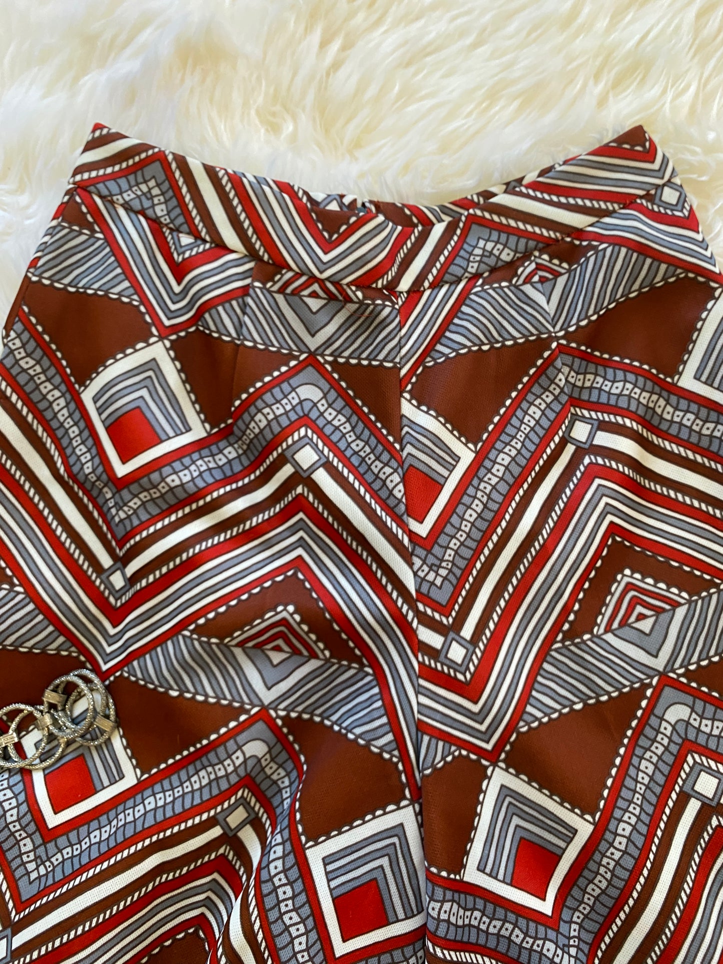 Vintage Gaucho Pants, 1960s 1970s, Great Abstract Chevron Striped Pattern in Brown Red and White, Great