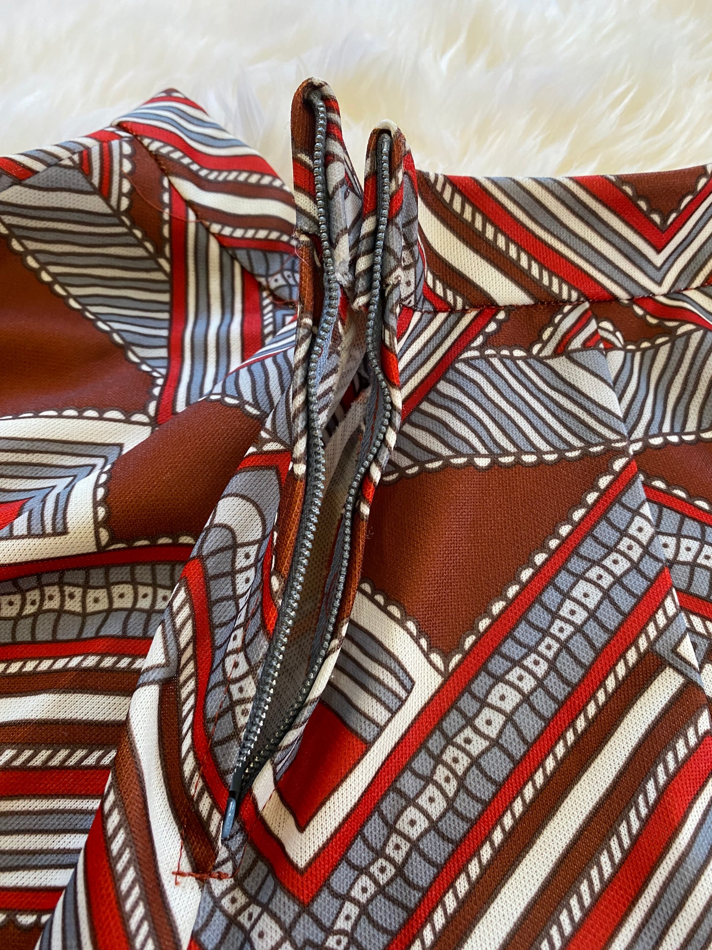 Vintage Gaucho Pants, 1960s 1970s, Great Abstract Chevron Striped Pattern in Brown Red and White, Great