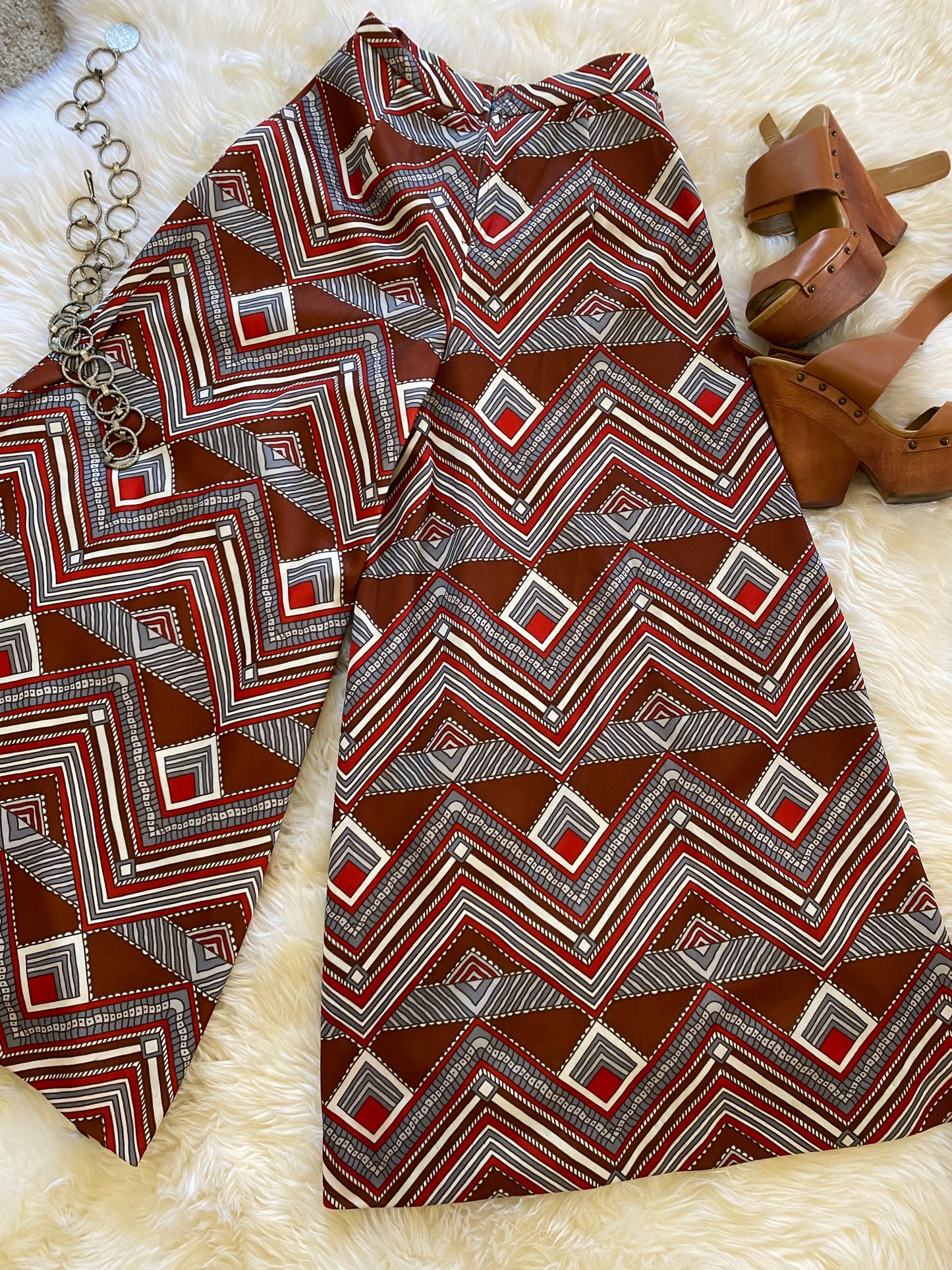 Vintage Gaucho Pants, 1960s 1970s, Great Abstract Chevron Striped Pattern in Brown Red and White, Great