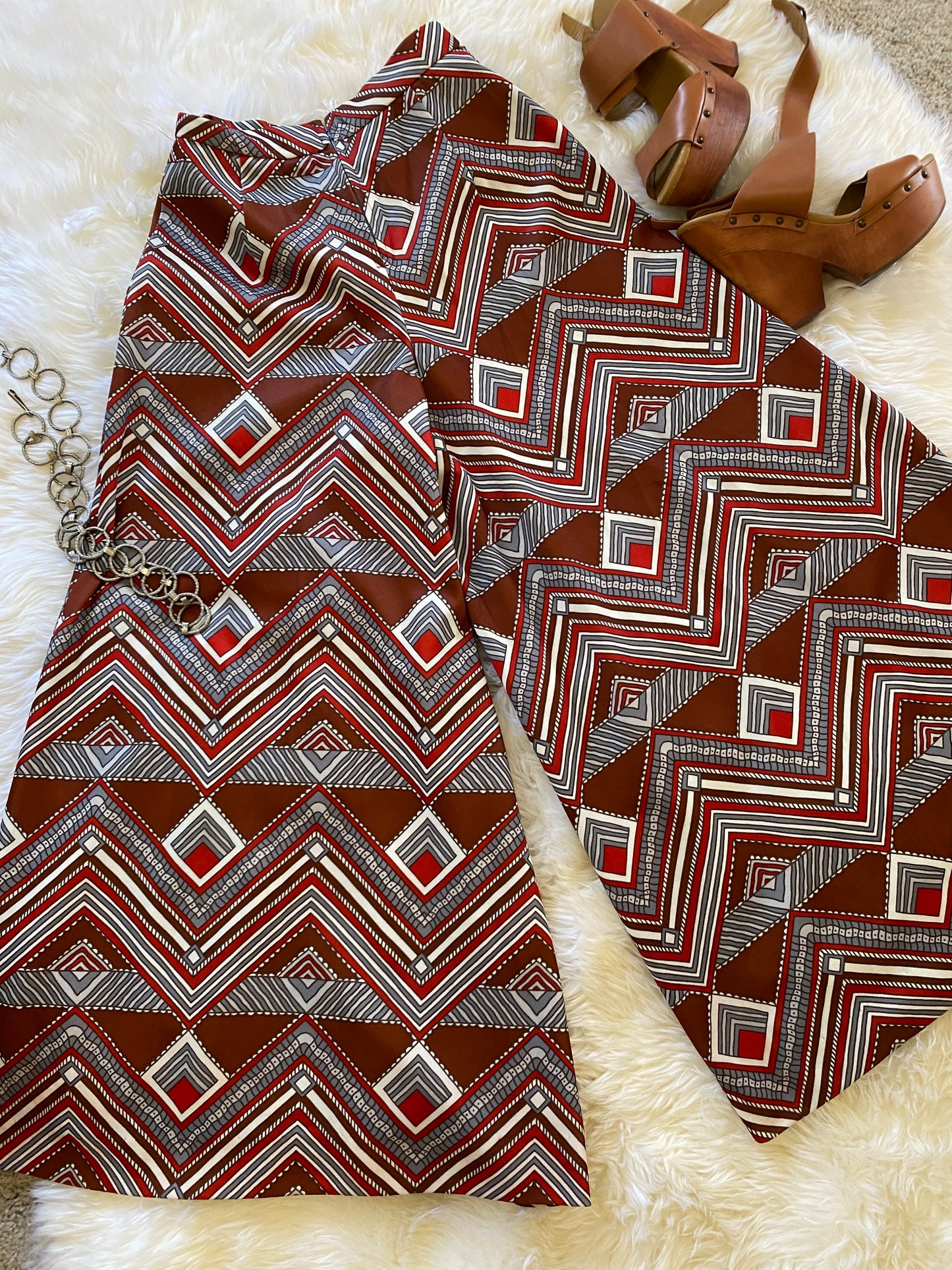 Vintage Gaucho Pants, 1960s 1970s, Great Abstract Chevron Striped Pattern in Brown Red and White, Great