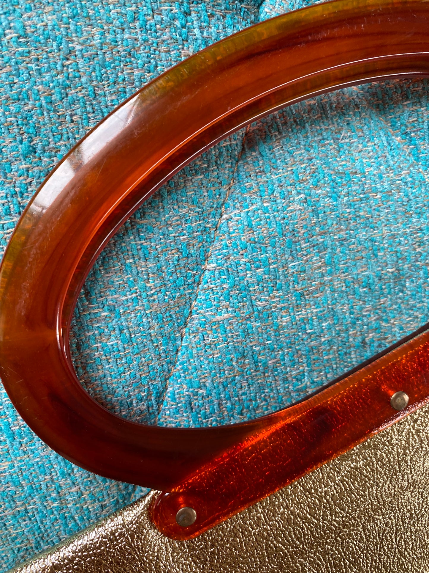 Vintage Gold Lamé Purse, Clutch, Folding Handbag, 1960s 1970s, Snap Button, Cognac Brown Lucite Handles, Disco Queen