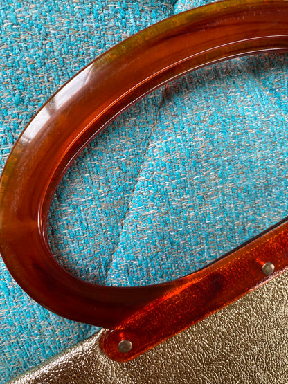 Vintage Gold Lamé Purse, Clutch, Folding Handbag, 1960s 1970s, Snap Button, Cognac Brown Lucite Handles, Disco Queen