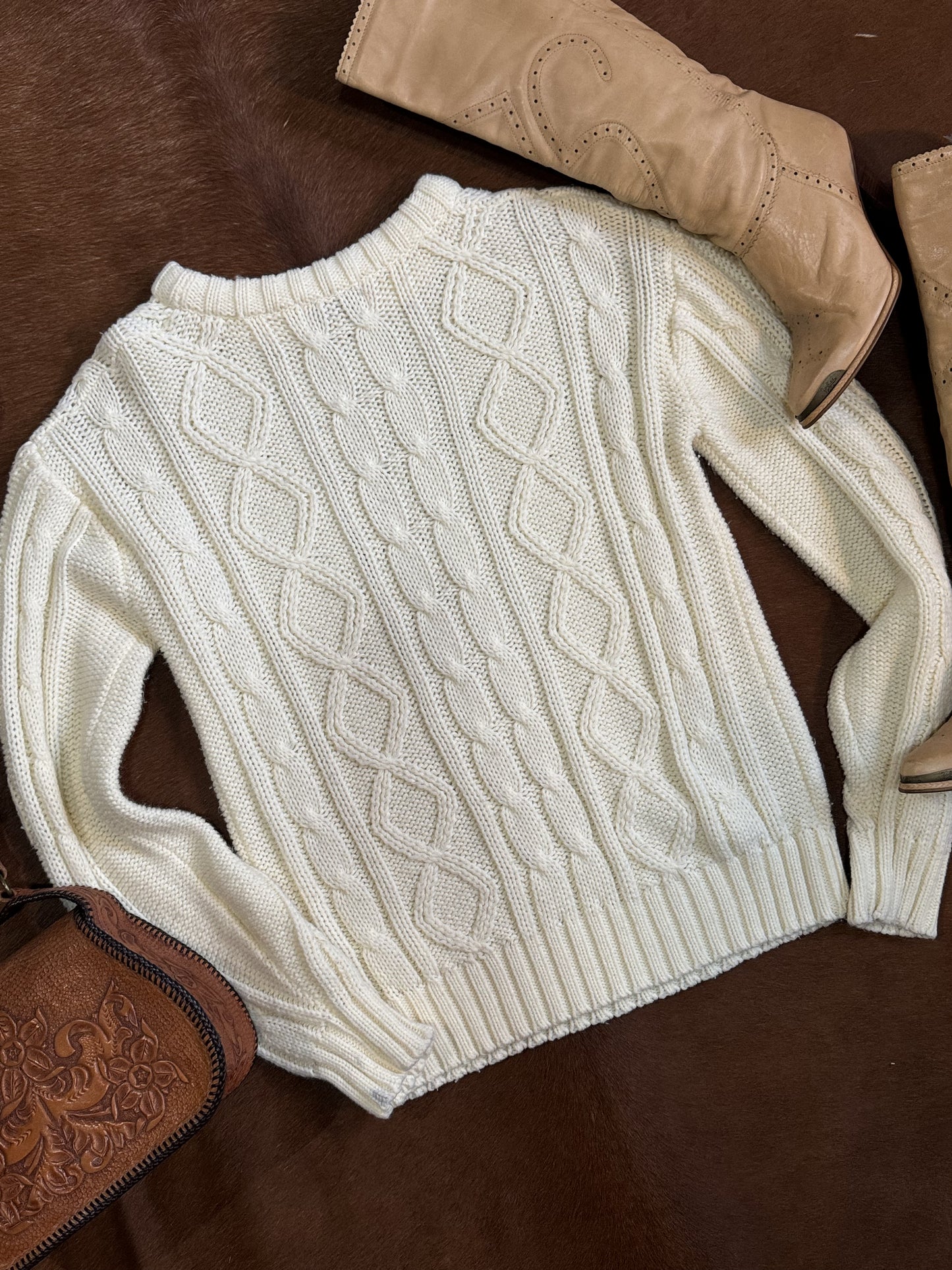 Vintage Cable Knit Sweater, 1970’s 1980’s Ivory, Cream, Montgomery Ward, Sz M/L