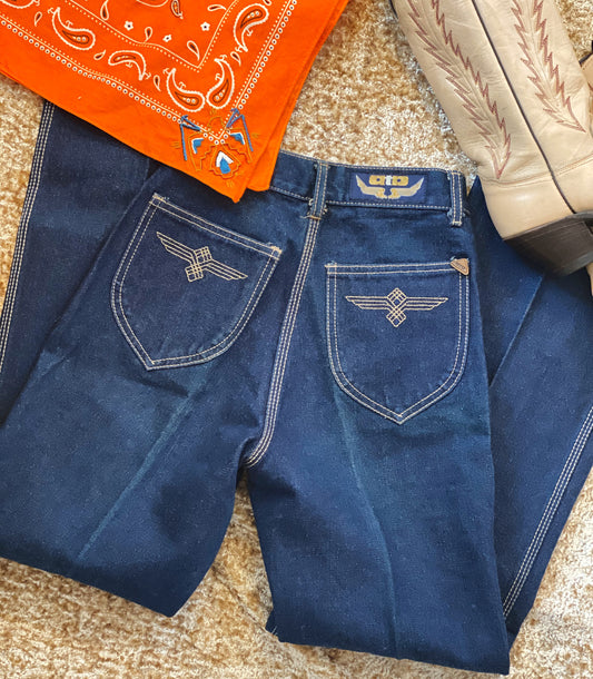 1970’s Vintage High-Rise Jeans by Anthony ATB |Thunderbird Design Stitching | XXS-XS