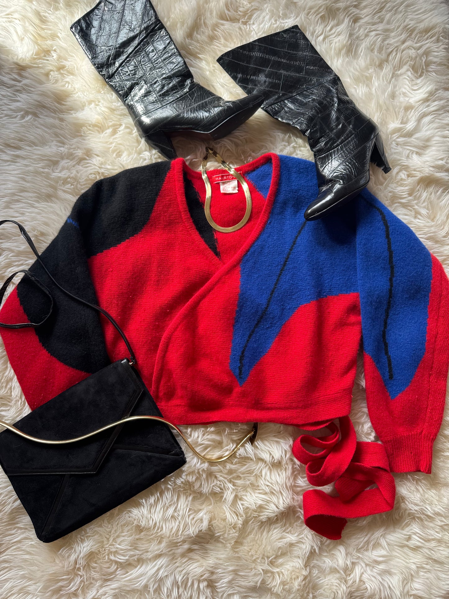 Vintage Halston III Angora Wrap Color Block Sweater | Blue, Black, Red