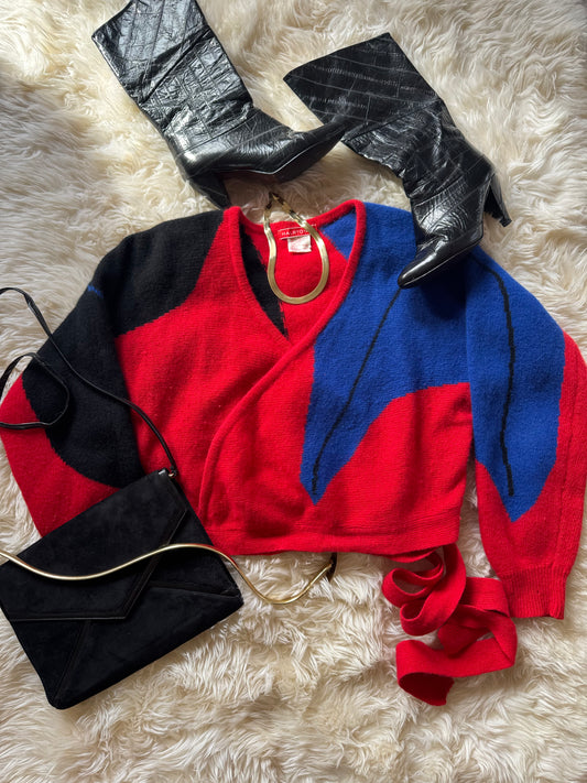 Vintage Halston III Angora Wrap Color Block Sweater | Blue, Black, Red