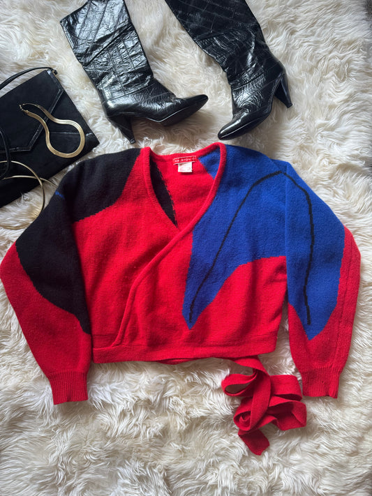 Vintage Halston III Angora Wrap Color Block Sweater | Blue, Black, Red