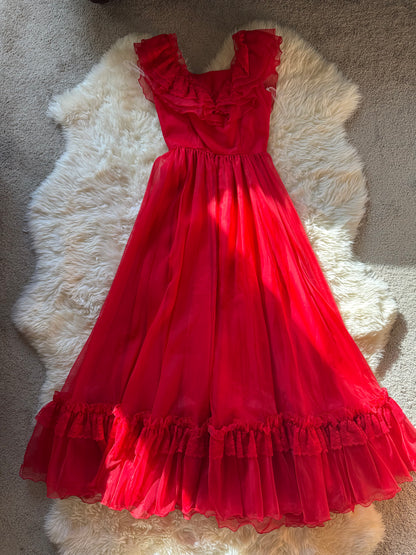 Vintage Dress, ILGWU, Red Chiffon 70’s 80s | XS