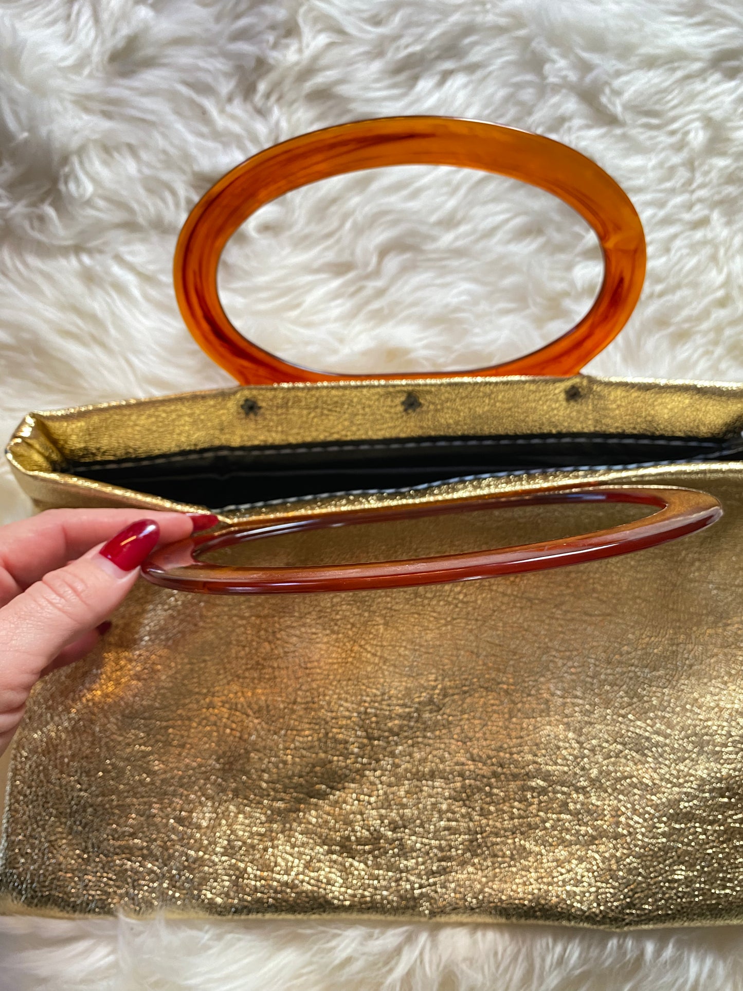 Vintage Gold Lamé Purse, Clutch, Folding Handbag, 1960s 1970s, Snap Button, Cognac Brown Lucite Handles, Disco Queen