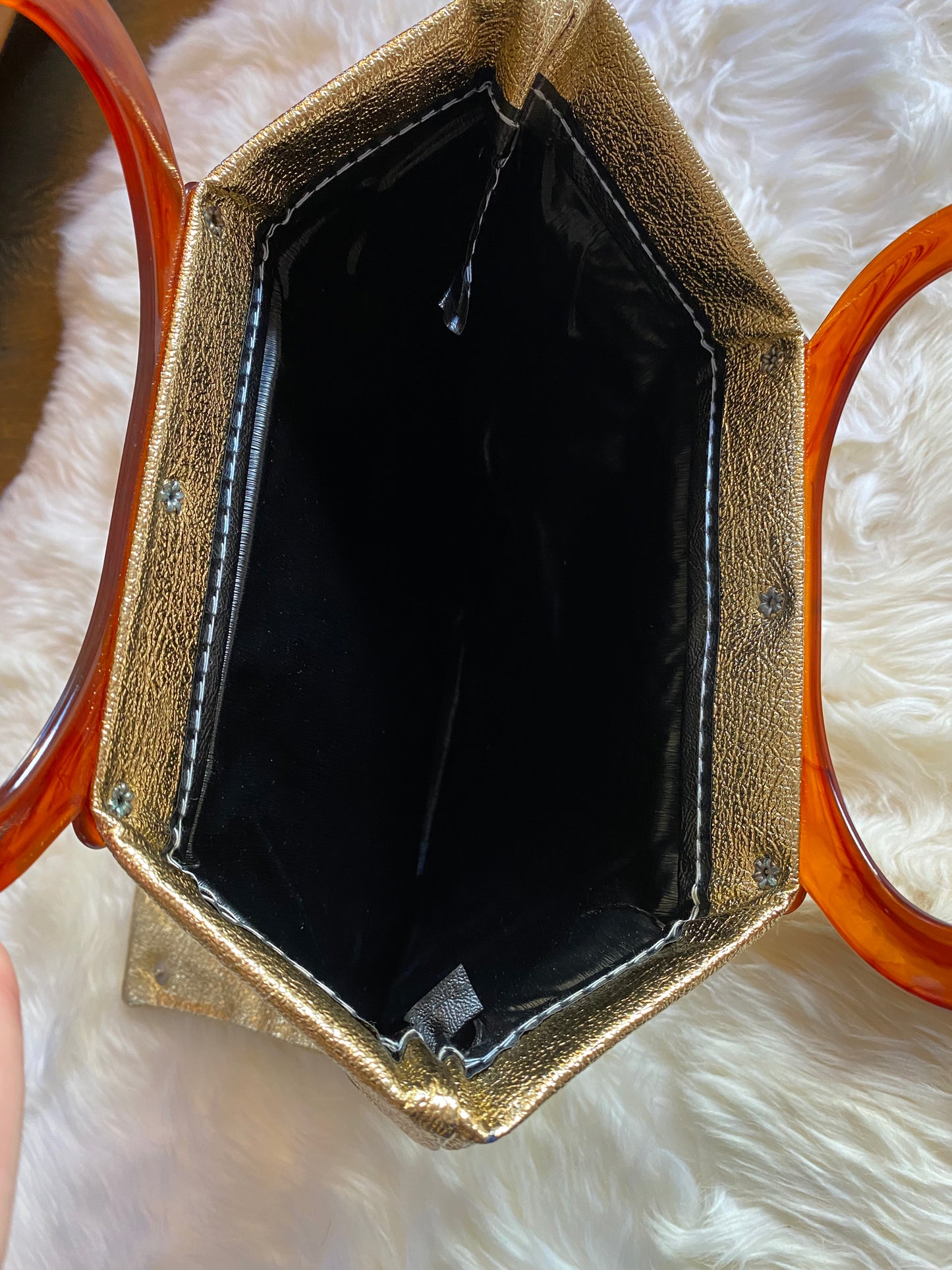 Vintage Gold Lamé Purse, Clutch, Folding Handbag, 1960s 1970s, Snap Button, Cognac Brown Lucite Handles, Disco Queen