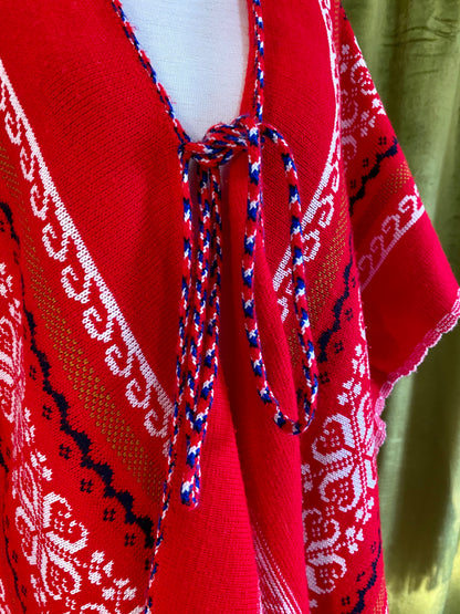Vintage Southwest Poncho Knit Sweater w/ fringe | 1960s 1970s | Red White & Blue | OS