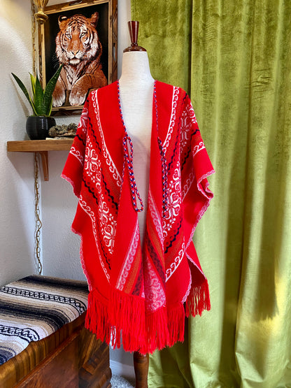 Vintage Southwest Poncho Knit Sweater w/ fringe | 1960s 1970s | Red White & Blue | OS