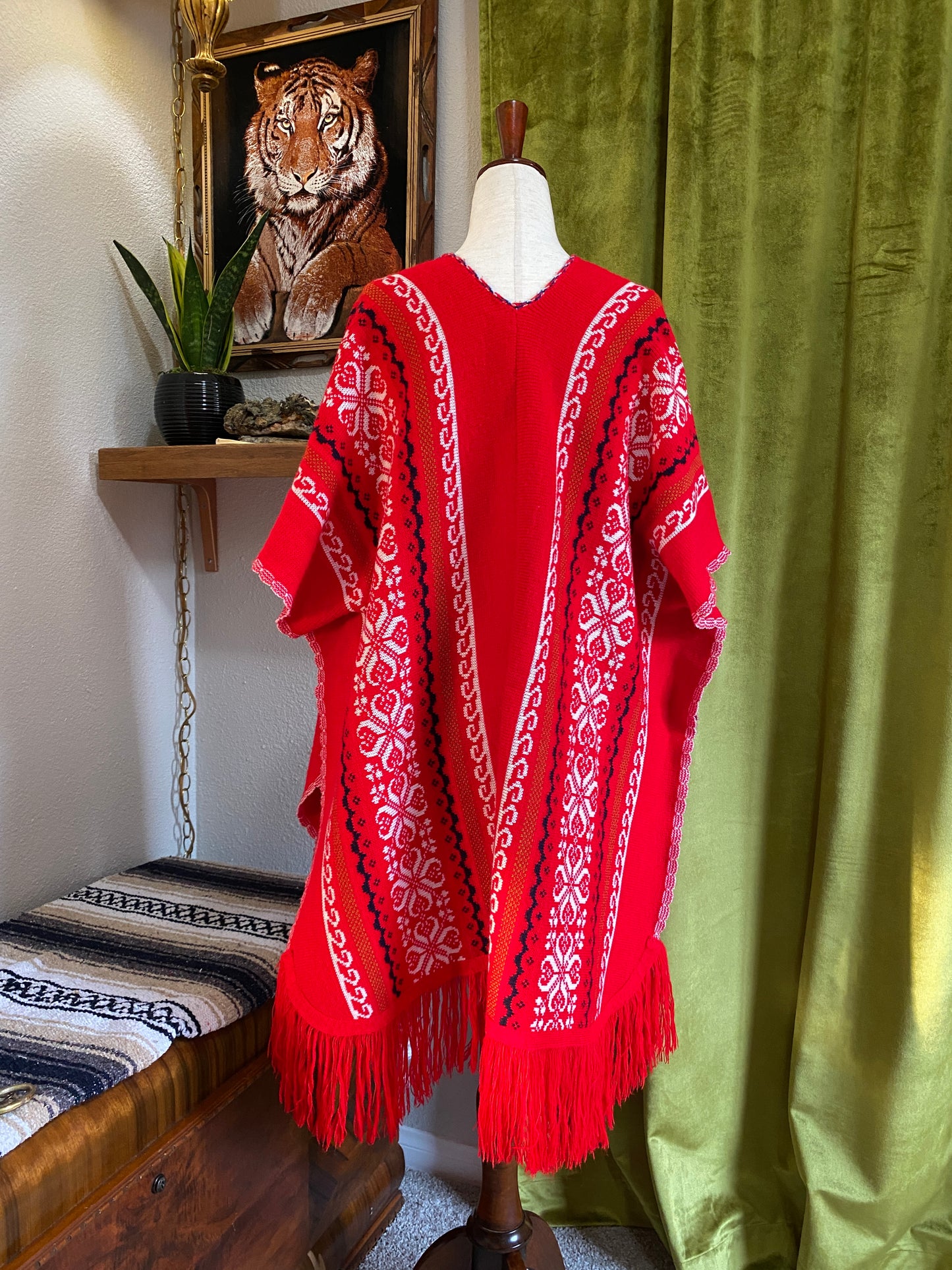 Vintage Southwest Poncho Knit Sweater w/ fringe | 1960s 1970s | Red White & Blue | OS