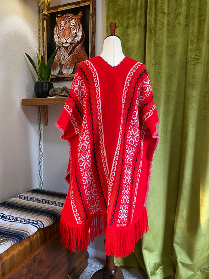 Vintage Southwest Poncho Knit Sweater w/ fringe | 1960s 1970s | Red White & Blue | OS