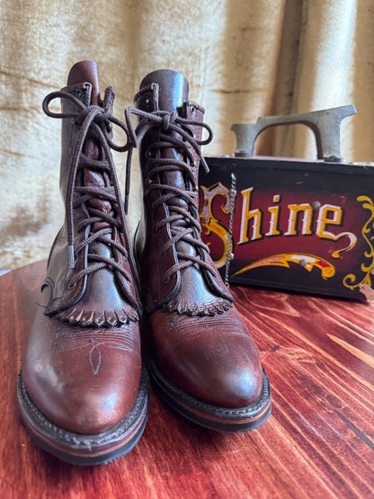 Men’s Western Packer Kiltie Boots | Lace-Up Brown Leather | Men’s Size 7 M