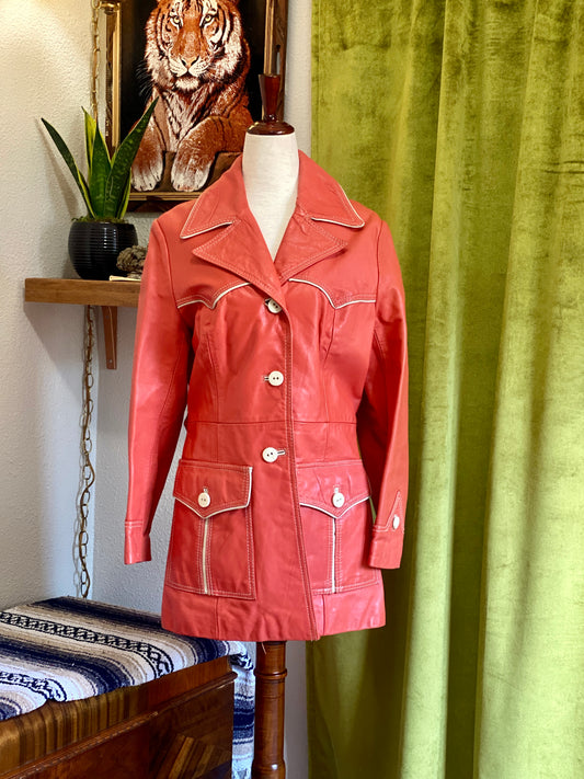 Vintage Pioneer Wear Leather Coat, 1960s 1970s High Quality Western Wear, Orange & Ivory, Women’s Size 14, M