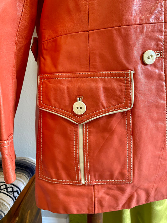 Vintage Pioneer Wear Leather Coat, 1960s 1970s High Quality Western Wear, Orange & Ivory, Women’s Size 14, M